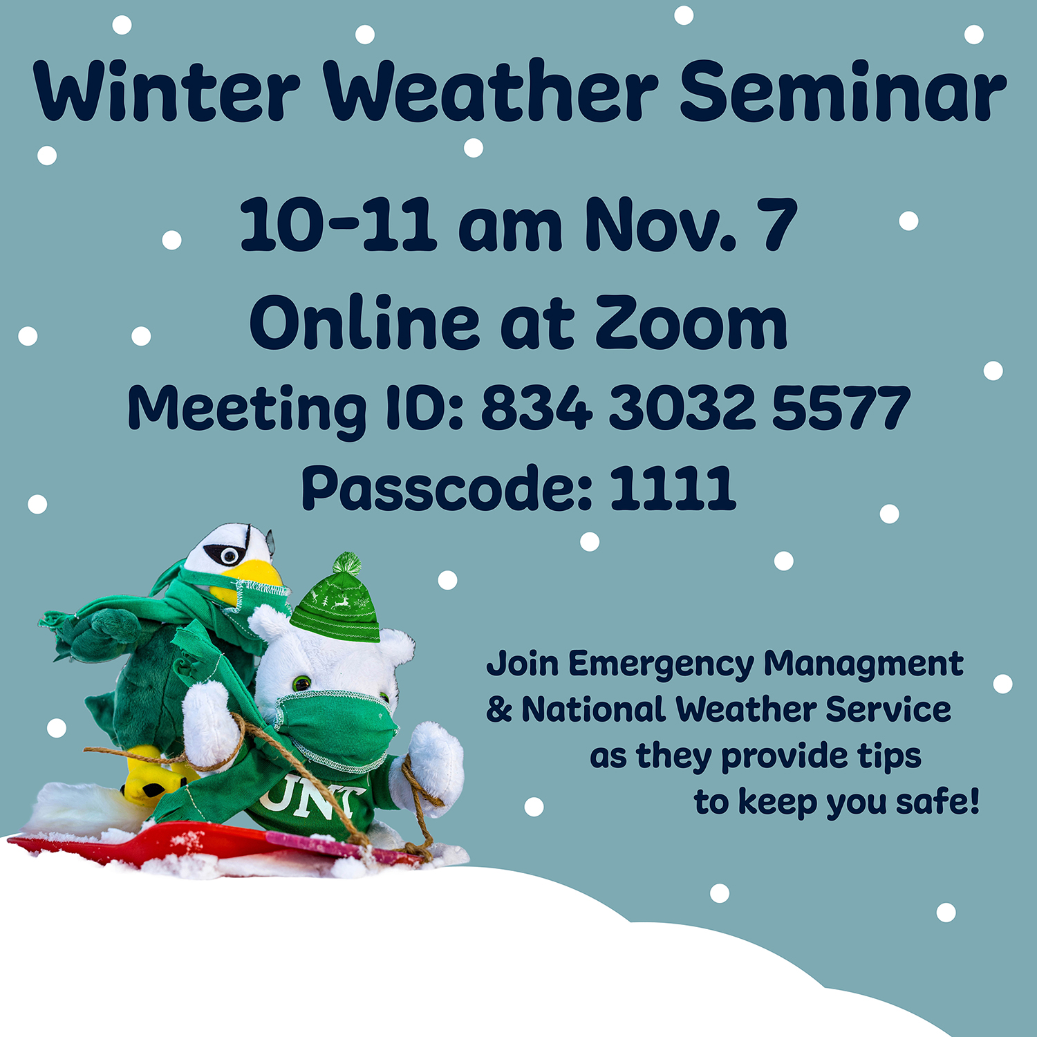 image of scrappy and lucky sledding on snow with details of the seminar listed in the text at right