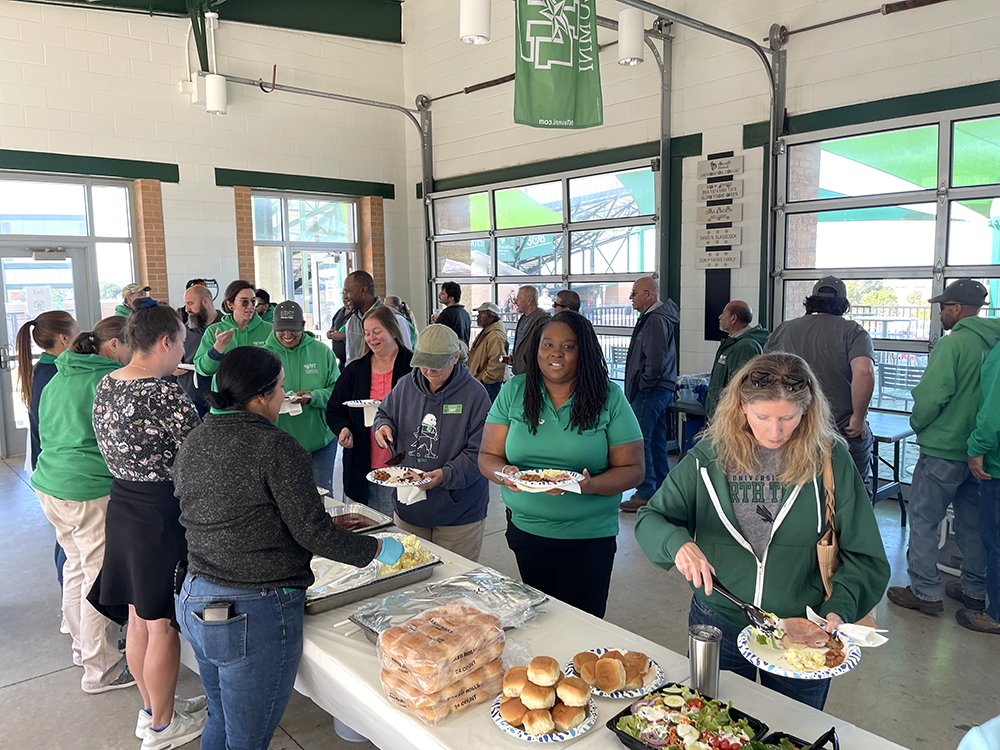 people in line to receive food