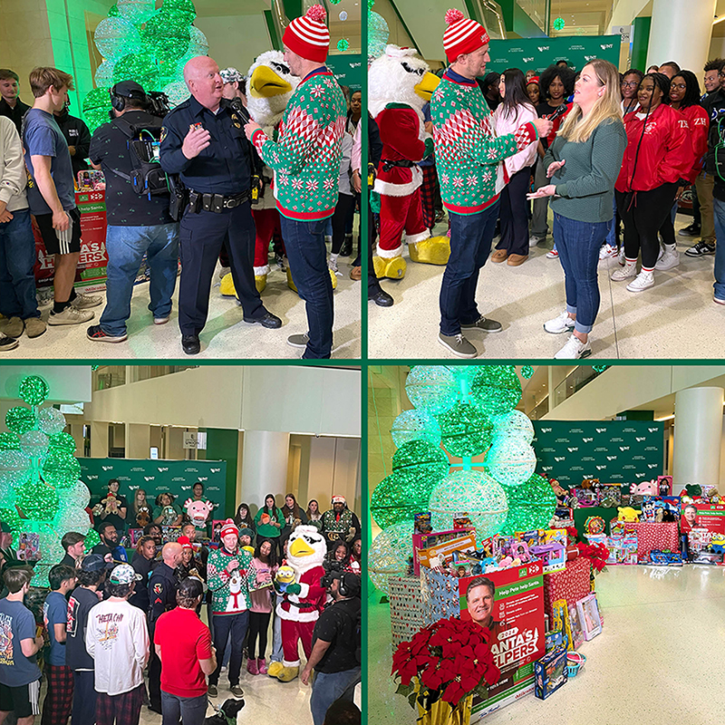 Four image collage of the staff members being interviewed and the toys at the UNT Union